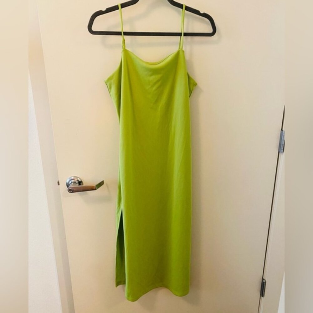 Y2K H&M Spaghetti Strap Lime Green Mid Length Dress Slit Slip Dress 90s